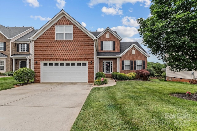 108 Planters Dr, Statesville, NC 28677 - traditional-style house with brick siding, a garage, concrete driveway, and a front lawn