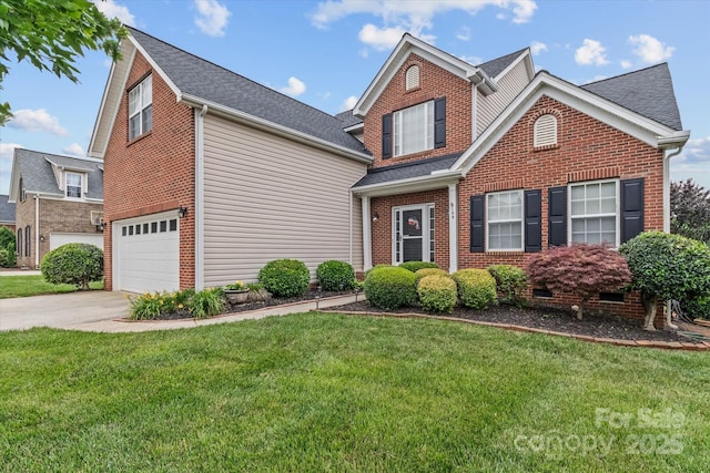 108 Planters Dr, Statesville, NC 28677 - traditional-style home with brick siding, driveway, a front lawn, and a garage