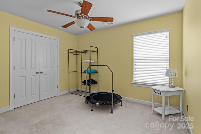 108 Planters Dr, Statesville, NC 28677 - workout room featuring carpet flooring, ceiling fan, and baseboards