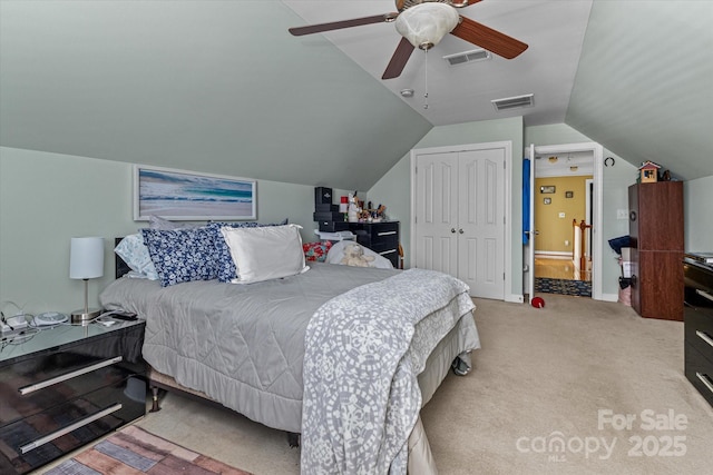 108 Planters Dr, Statesville, NC 28677 - bedroom featuring carpet, a closet, lofted ceiling, and a ceiling fan