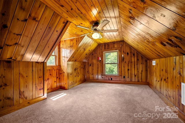 983 Stroud Rd, Ellenboro, NC 28040 - additional living space with light carpet, wooden walls, wood ceiling, lofted ceiling, and a ceiling fan
