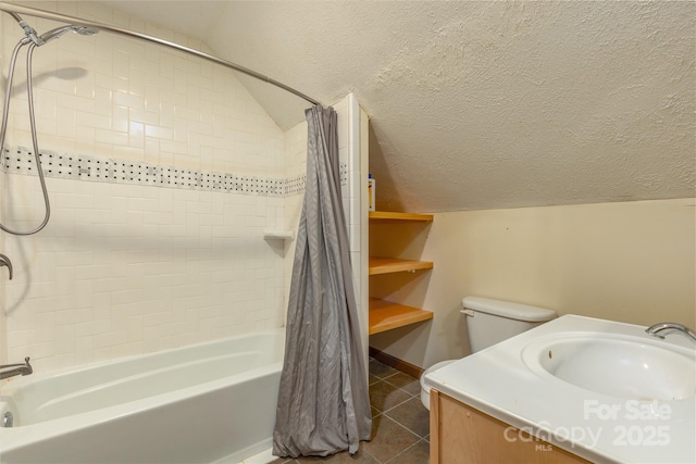 95 Idlewood Dr, Marion, NC 28752 - full bathroom featuring tile patterned floors, shower / tub combo, lofted ceiling, vanity, and a textured ceiling