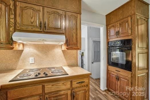 125 Merrill Rd, Fletcher, NC 28732 - kitchen featuring black oven, under cabinet range hood, light countertops, tasteful backsplash, and electric stovetop