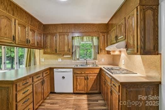 125 Merrill Rd, Fletcher, NC 28732 - kitchen featuring dishwasher, under cabinet range hood, a peninsula, brown cabinetry, and light countertops