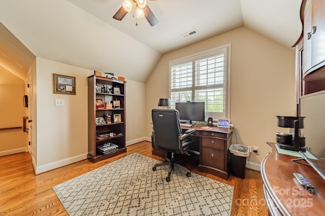 3500 Maple Wood Dr, Denver, NC 28037 - home office featuring a ceiling fan, lofted ceiling, light wood-style floors, and baseboards