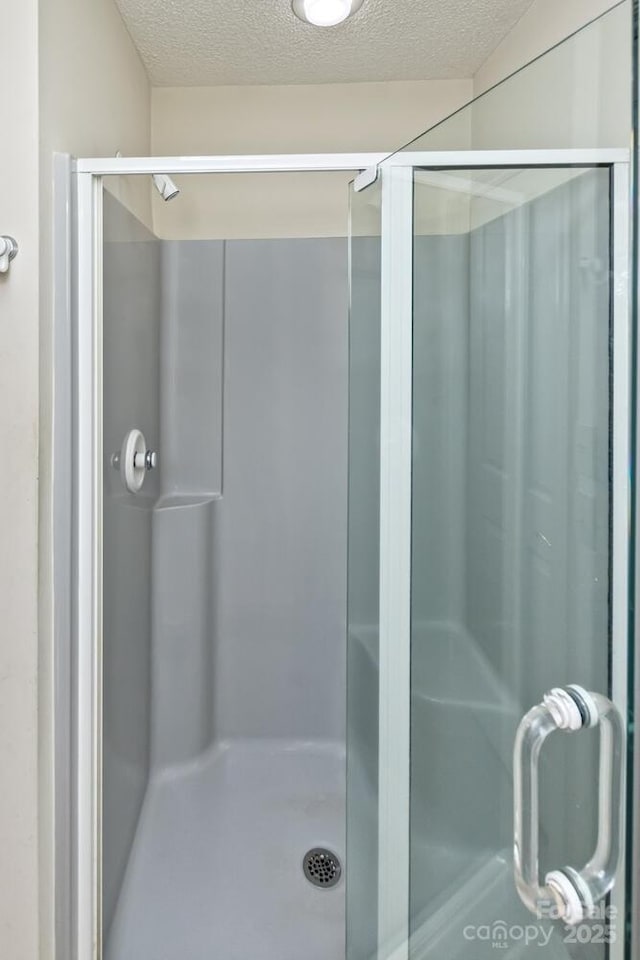 4471 Cove Loop Rd, Hendersonville, NC 28739 - bathroom featuring a stall shower and a textured ceiling