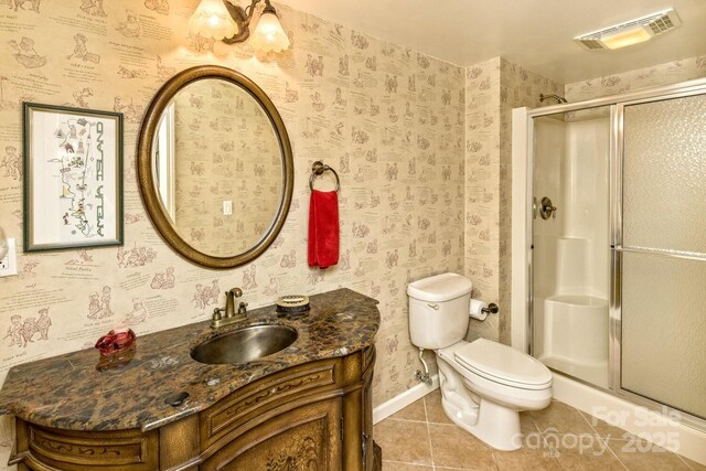 4471 Cove Loop Rd, Hendersonville, NC 28739 - full bath with a stall shower, vanity, tile patterned floors, toilet, and wallpapered walls