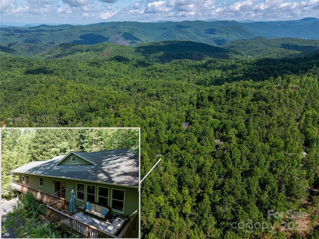 75 Cougar Ln, Saluda, NC 28773 - aerial view of property and surrounding area with a heavily wooded area, a mountainous background, and property parcel outlined