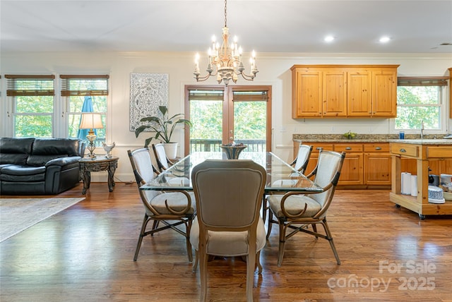 75 Cougar Ln, Saluda, NC 28773 - dining space featuring a chandelier, crown molding, wood finished floors, and recessed lighting