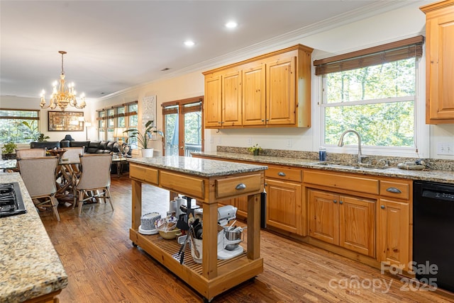 75 Cougar Ln, Saluda, NC 28773 - kitchen featuring a sink, black dishwasher, ornamental molding, a chandelier, and wood finished floors