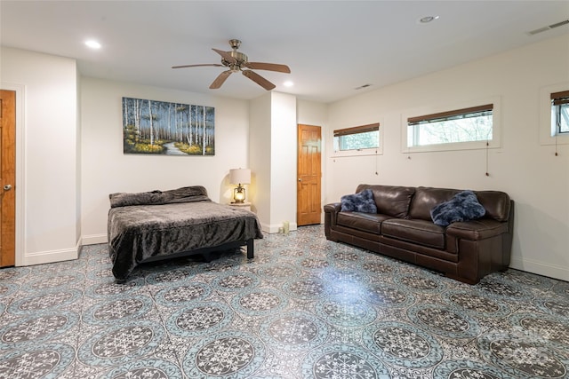 75 Cougar Ln, Saluda, NC 28773 - bedroom with baseboards, tile patterned floors, recessed lighting, and ceiling fan