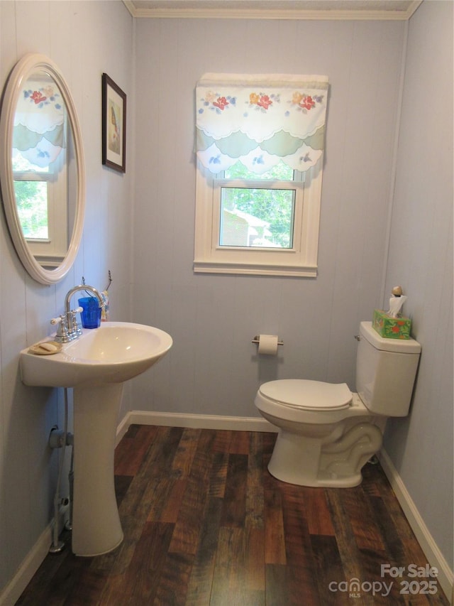 1051 S Brady Ave, Newton, NC 28658 - half bathroom featuring hardwood / wood-style floors, toilet, ornamental molding, and a sink