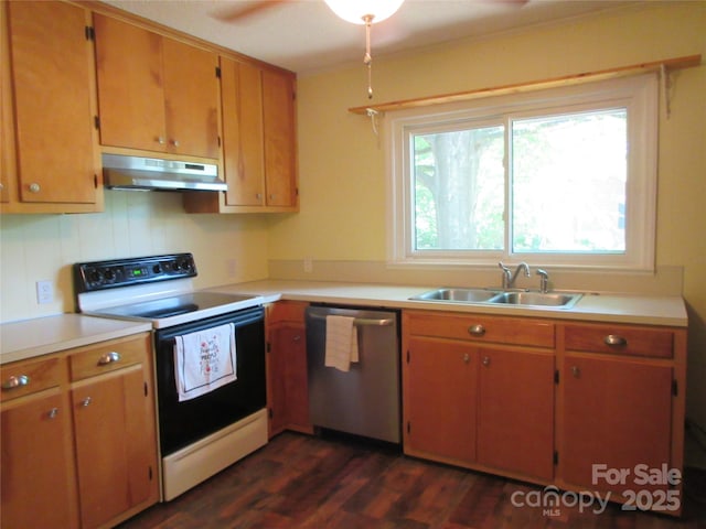 1051 S Brady Ave, Newton, NC 28658 - kitchen featuring white electric stove, dishwasher, under cabinet range hood, a sink, and dark wood-style floors