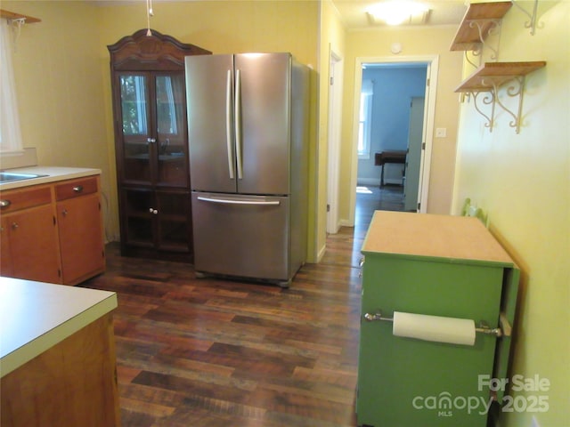 1051 S Brady Ave, Newton, NC 28658 - kitchen featuring freestanding refrigerator, dark wood-type flooring, light countertops, and a sink