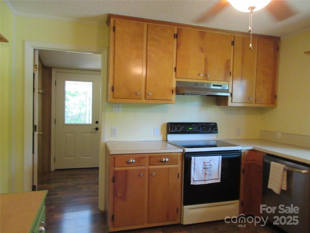 1051 S Brady Ave, Newton, NC 28658 - kitchen with under cabinet range hood, electric stove, stainless steel dishwasher, light countertops, and crown molding