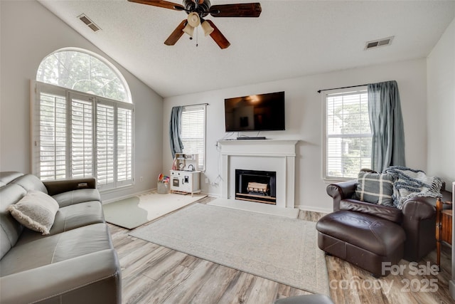 4712 Avalon Forest Ln, Charlotte, NC 28269 - living room featuring wood finished floors, ceiling fan, healthy amount of natural light, a fireplace with flush hearth, and lofted ceiling