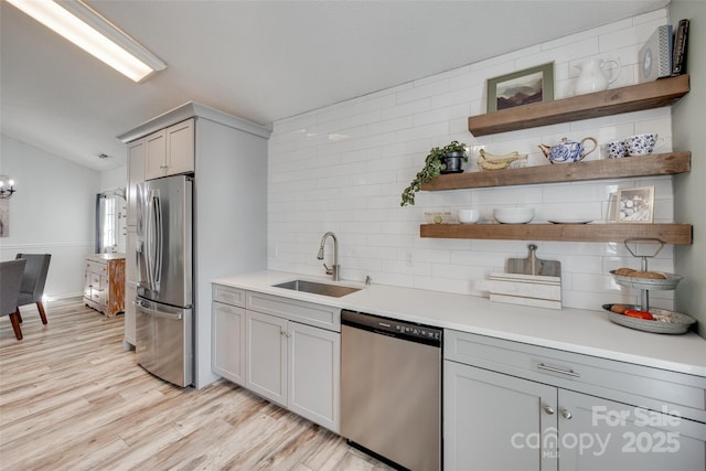 4712 Avalon Forest Ln, Charlotte, NC 28269 - kitchen featuring appliances with stainless steel finishes, a sink, lofted ceiling, gray cabinets, and backsplash