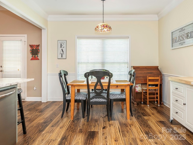 725 Old State St SW, Concord, NC 28027 - dining space featuring plenty of natural light, ornamental molding, dark wood-type flooring, and a wainscoted wall