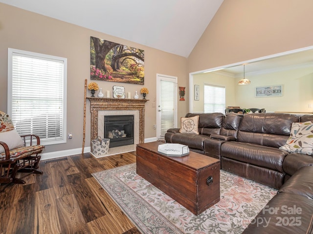 725 Old State St SW, Concord, NC 28027 - living area with baseboards, dark wood finished floors, high vaulted ceiling, and a high end fireplace