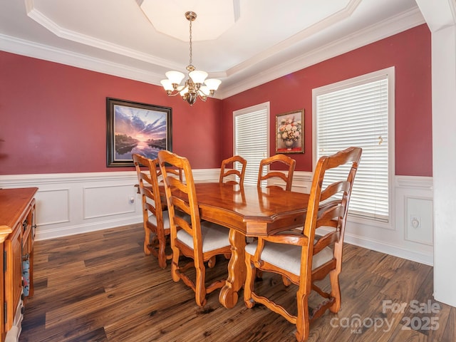 725 Old State St SW, Concord, NC 28027 - dining room with a chandelier, a tray ceiling, dark wood-style floors, crown molding, and wainscoting