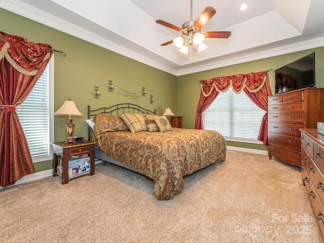 725 Old State St SW, Concord, NC 28027 - bedroom featuring light colored carpet, crown molding, a tray ceiling, and baseboards