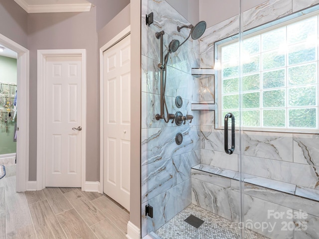 725 Old State St SW, Concord, NC 28027 - full bath featuring a marble finish shower, crown molding, and baseboards