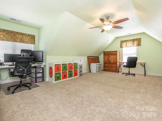 725 Old State St SW, Concord, NC 28027 - office area with lofted ceiling, ceiling fan, carpet, and baseboards
