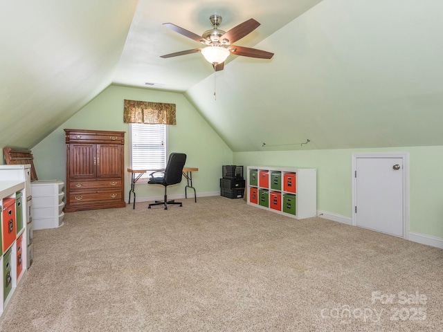 725 Old State St SW, Concord, NC 28027 - home office featuring carpet floors, lofted ceiling, baseboards, and ceiling fan