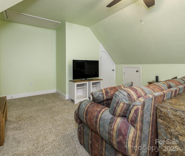 725 Old State St SW, Concord, NC 28027 - living room featuring attic access, carpet flooring, vaulted ceiling, a ceiling fan, and baseboards