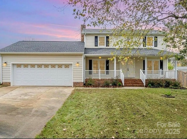 3572 Heather Ln, Gastonia, NC 28056 - traditional-style home featuring driveway, an attached garage, a yard, covered porch, and a chimney