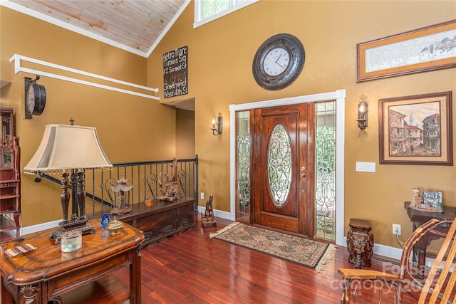 1706 Rock House Cove Rd, Clyde, NC 28721 - foyer with hardwood / wood-style floors, baseboards, wood ceiling, and high vaulted ceiling