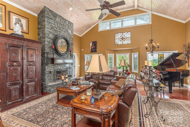 1706 Rock House Cove Rd, Clyde, NC 28721 - living room with wood finished floors, a fireplace, wooden ceiling, a ceiling fan, and a chandelier