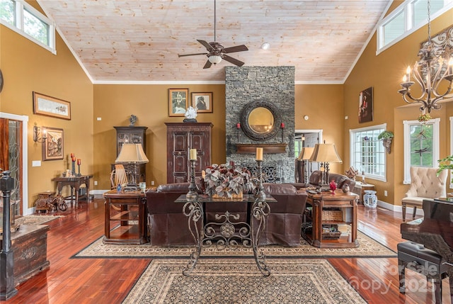 1706 Rock House Cove Rd, Clyde, NC 28721 - living room featuring high vaulted ceiling, hardwood / wood-style flooring, wooden ceiling, a fireplace, and ceiling fan