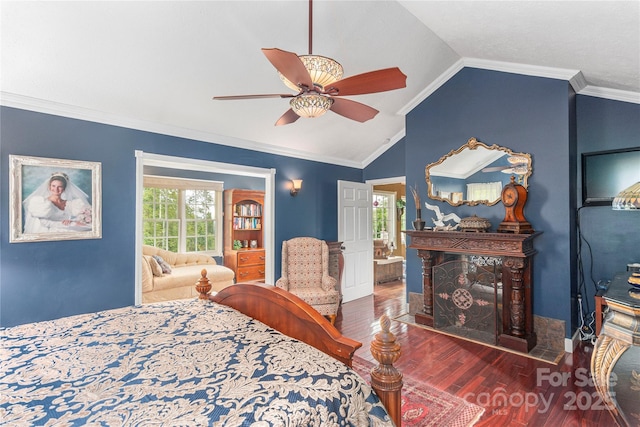 1706 Rock House Cove Rd, Clyde, NC 28721 - bedroom with wood finished floors, lofted ceiling, ceiling fan, crown molding, and baseboards