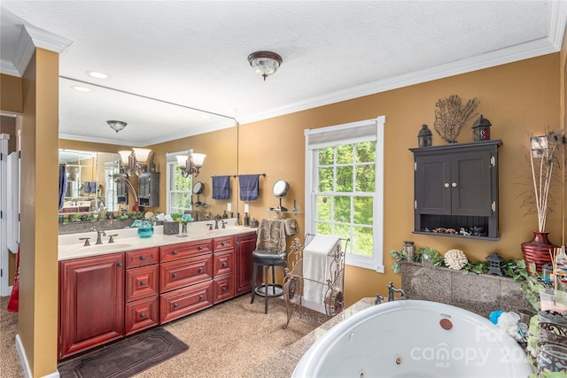1706 Rock House Cove Rd, Clyde, NC 28721 - bathroom featuring double vanity, a whirlpool tub, and crown molding