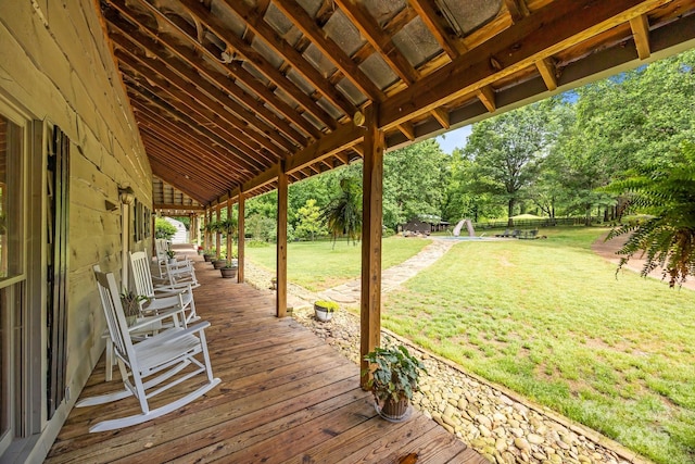 1433 Kern Carlton Rd, Salisbury, NC 28146 - wooden terrace with a lawn and view of scattered trees