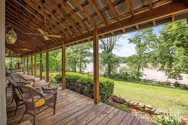 1433 Kern Carlton Rd, Salisbury, NC 28146 - wooden terrace with a water view, a lawn, and a ceiling fan