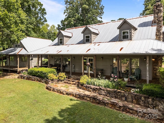 1433 Kern Carlton Rd, Salisbury, NC 28146 - back of property with a lawn, a metal roof, a chimney, and french doors