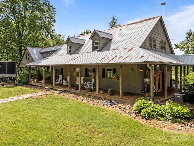 1433 Kern Carlton Rd, Salisbury, NC 28146 - farmhouse inspired home featuring covered porch, a metal roof, a front yard, and a standing seam roof