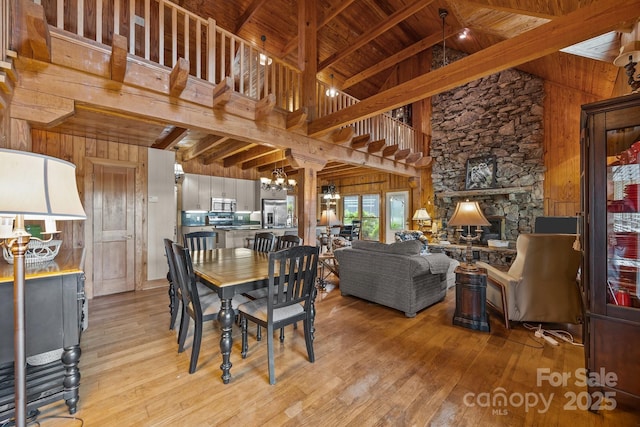 1433 Kern Carlton Rd, Salisbury, NC 28146 - dining space featuring a wood ceiling with exposed beams, wooden walls, light wood-style floors, a chandelier, and high vaulted ceiling