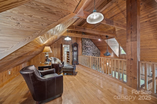 1433 Kern Carlton Rd, Salisbury, NC 28146 - living area featuring wood walls, wooden ceiling, and hardwood / wood-style flooring