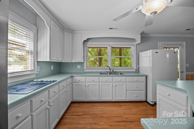 1433 Kern Carlton Rd, Salisbury, NC 28146 - kitchen featuring electric stovetop, healthy amount of natural light, freestanding refrigerator, light countertops, and crown molding