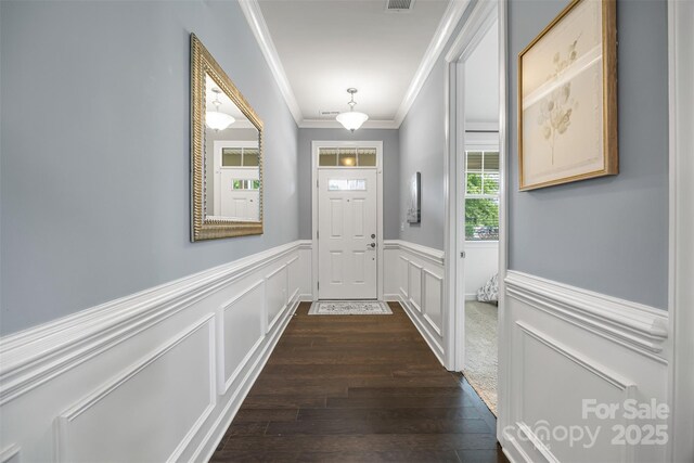 1284 Independence St, Fort Mill, SC 29708 - entryway featuring ornamental molding, a wainscoted wall, and dark wood-style flooring