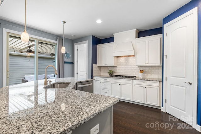 1284 Independence St, Fort Mill, SC 29708 - kitchen with a sink, stainless steel appliances, tasteful backsplash, white cabinetry, and dark wood finished floors