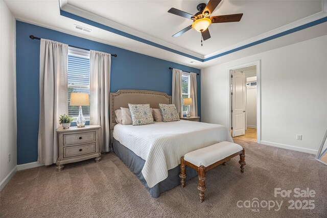 1284 Independence St, Fort Mill, SC 29708 - carpeted bedroom with a raised ceiling, baseboards, and ceiling fan