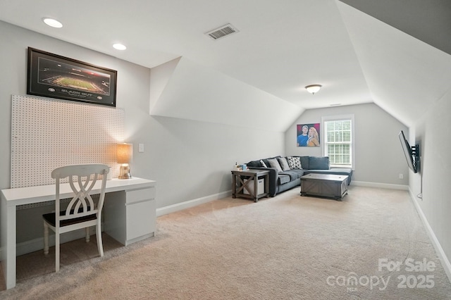 7006 Nesbit Rd, Waxhaw, NC 28173 - office with light colored carpet, baseboards, lofted ceiling, and recessed lighting
