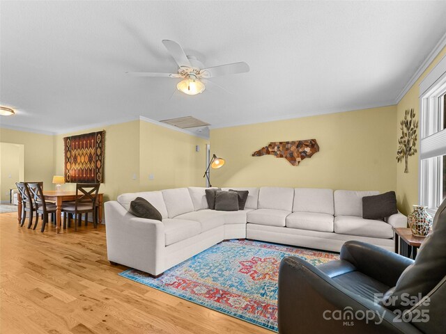 158 Fisher Rd, Brevard, NC 28712 - living area with ornamental molding, light wood-style floors, and ceiling fan