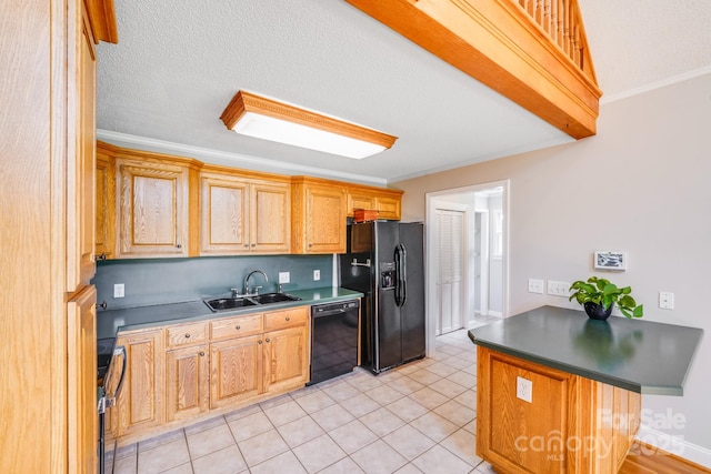 6350 Mount Pleasant Rd S, Concord, NC 28025 - kitchen with black appliances, a sink, crown molding, light tile patterned floors, and a peninsula