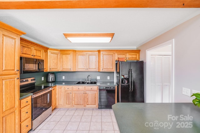 6350 Mount Pleasant Rd S, Concord, NC 28025 - kitchen featuring black appliances, a sink, light tile patterned floors, ornamental molding, and dark countertops
