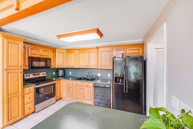 6350 Mount Pleasant Rd S, Concord, NC 28025 - kitchen featuring black appliances, a sink, light tile patterned flooring, crown molding, and light brown cabinets